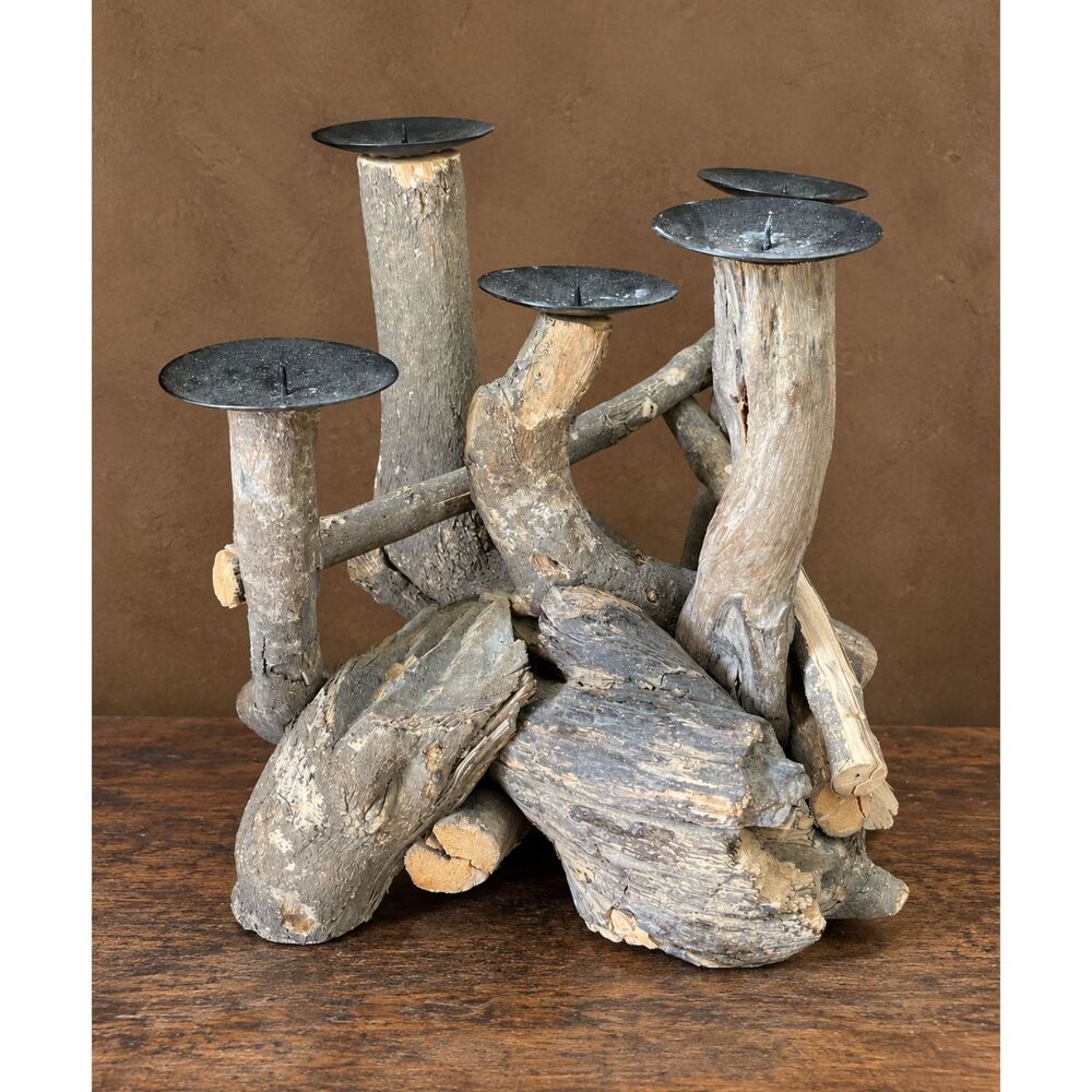 Rustic Teak Branch Candelabra Candle Holder Natural Wood Pillar Centerpiece